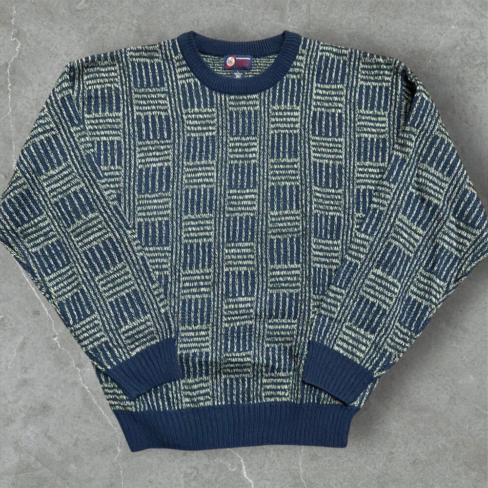 ITC Vintage 90s Geometric Acrylic Navy Green Crewneck Sweater Men's Size Large